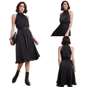 RW&Co. Womens Black Chiffon Cocktail Dress Large Metallic Halter Neckline NWT